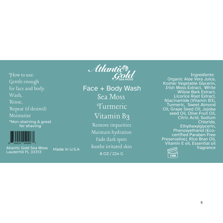 Face + Body Wash - Sea Moss, Turmeric, Vitamin B3 - 8 oz